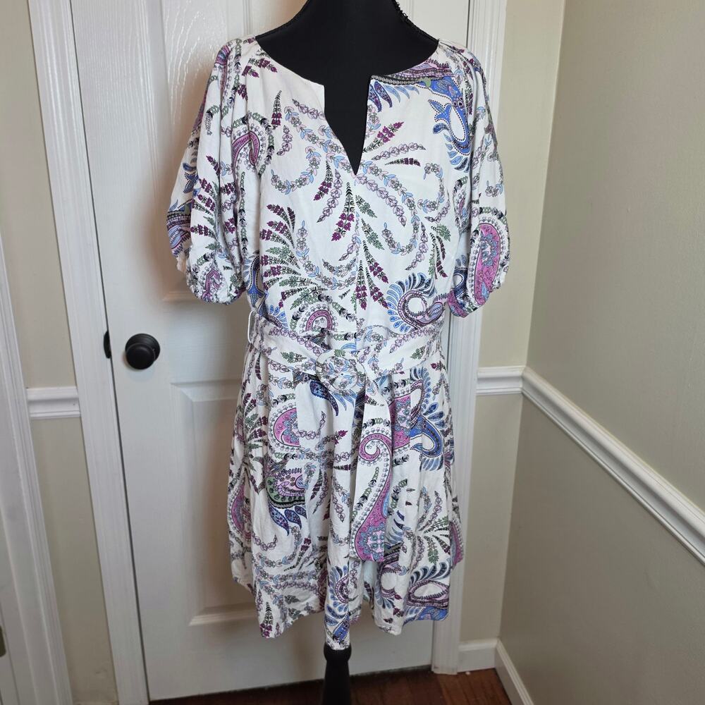 LOFT Women's Size 10 Purple White Paisley Linen Blend Beted Puff Sleeve Dreess - Picture 5 of 8